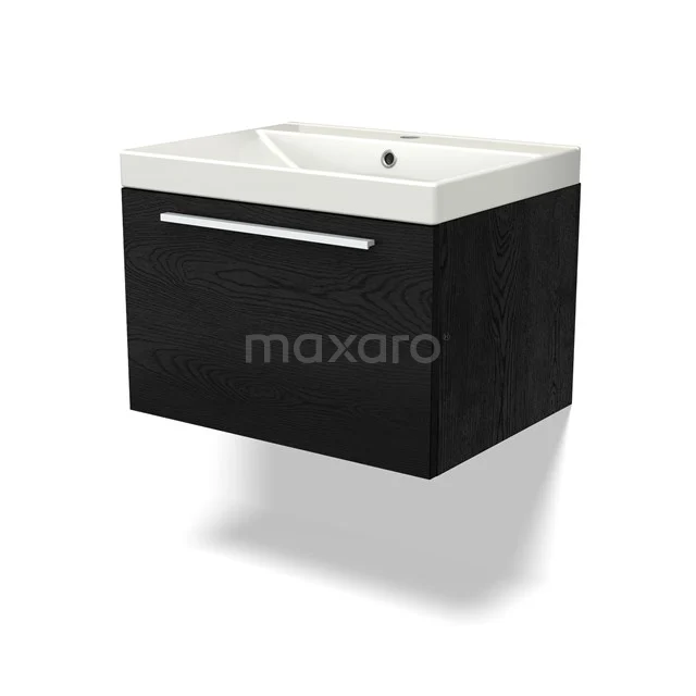 Waschtisch mit Unterschrank BMW11-04081 Schwarzes Holz-Waschtisch mit einem weißen keramischen Waschbecken, ideal für ein modernes Badezimmer.