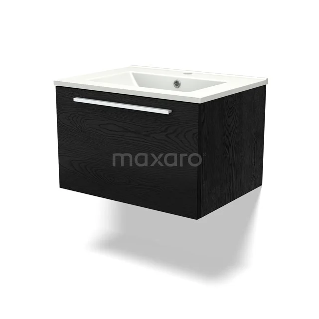 Black hanging bathroom unit with chest of drawers, sleek design, including white vanity units with basin. Perfect for modern bathroom design.