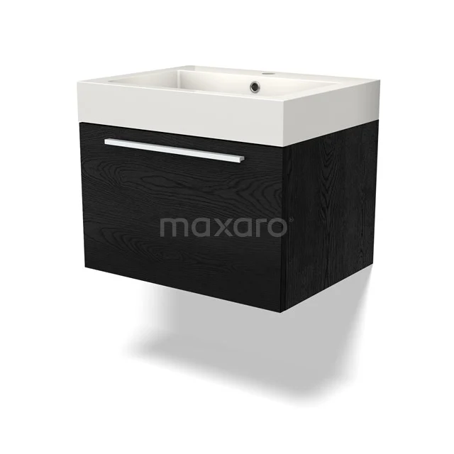 Schwarzer Holz-Waschbeckenunterschrank mit weißem Keramik-Waschbecken, modernes Design, ideal für stilvolle Badezimmergestaltung.