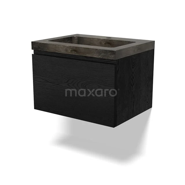 Schwarz Holz Badezimmermöbel mit Schublade und Grau Natursteine Waschbecken, schlichtes Design, ideal für ein modernes Badezimmer.