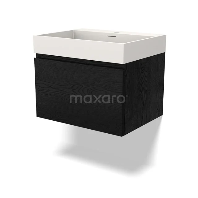 Black vanity units with basin in white, modern design, floating model made of wood for stylish bathroom design.