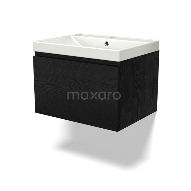 Black floating bathroom cabinet with single white basin, sleek modern style, ideal for compact bathroom fittings.