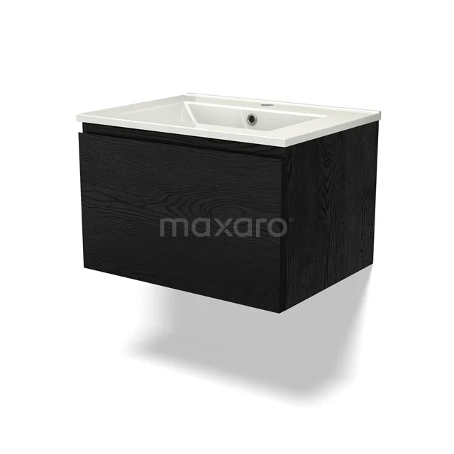 Black wooden vanity unit with white ceramic sink, ideal for a modern bathroom.