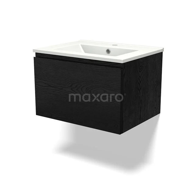 Schwarz hängendes Badmöbel mit keramischem Waschbecken, modernes Design, ideal für kompakte Bäder.