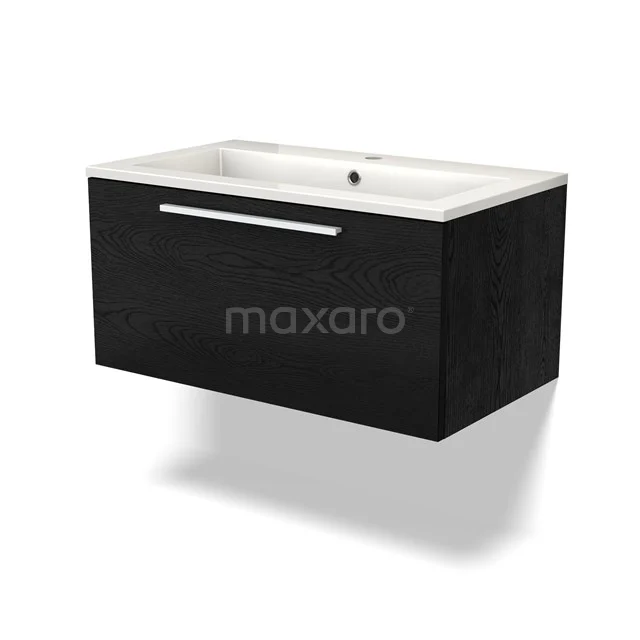 Black floating bathroom unit with white ceramic vanity units with basin, minimalist design and sleek metal handle.
