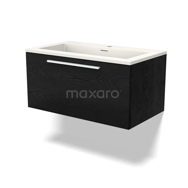 Black floating vanity set with white basin, wood-grain drawer front and modern metal handles.