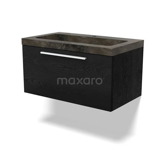 Black basin base cabinet with concrete-look basin, modern design, soft-close drawers and sleek chrome handle.