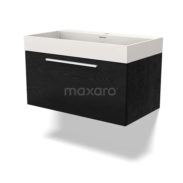 Waschtisch mit Unterschrank BMW11-04108 Schwarzes Wandmöbel mit weißem Waschbecken, moderner Badschrank mit Schublade und chromfarbenem Griff, hergestellt aus hochwertigem MDF-Material.