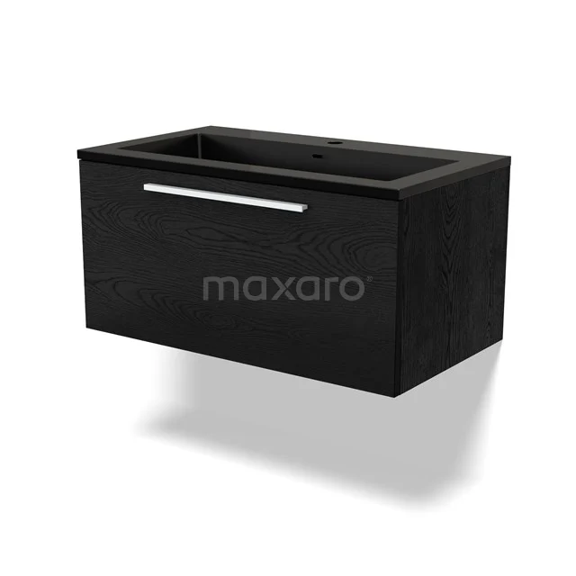 Black wooden Bathroom unit with single sink and drawers, modern design, perfect for compact bathrooms.