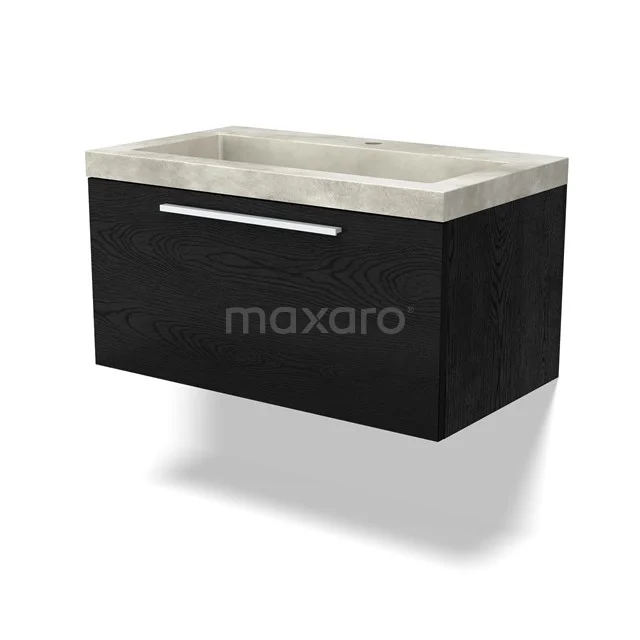 Black floating bathroom cabinet with drawer, Concrete Basin, modern look, ideal for a sleek bathroom design.