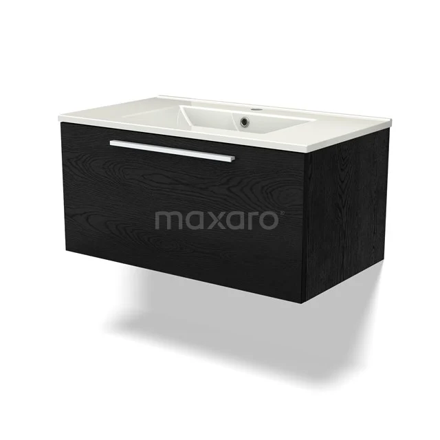 Black wooden vanity unit with integrated white ceramic basin, ideal for a modern bathroom.
