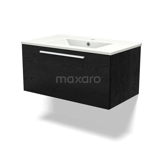 Black hanging bathroom unit with white ceramic vanity units with basin and modern drawer with metal handle.