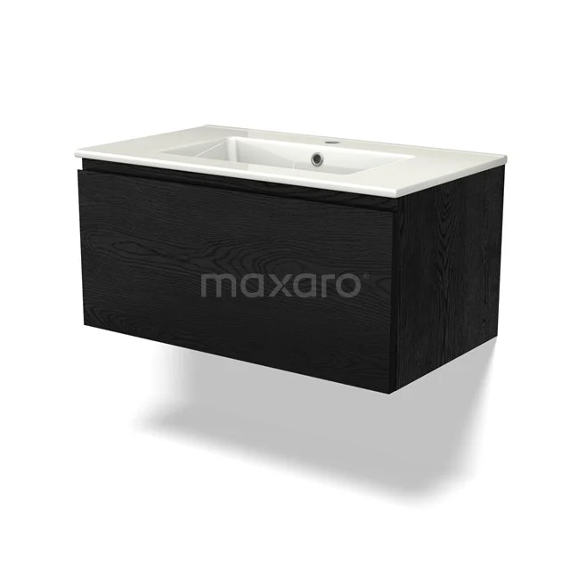 Black floating bathroom unit with white ceramic vanity units with basin, modern design from the LuxeLine series.