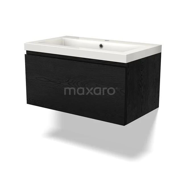 Schwarzes hängendes Badezimmermöbel mit keramischem Waschbecken, modernes Design, sauber verarbeitet für stilvollen Badbereich.