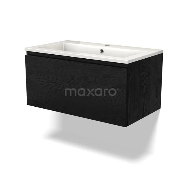 Schwarzes hängendes Badmöbel mit einer weißen keramischen Waschtischplatte, modernes Design und klare Linien für ein stilvolles Badezimmer.