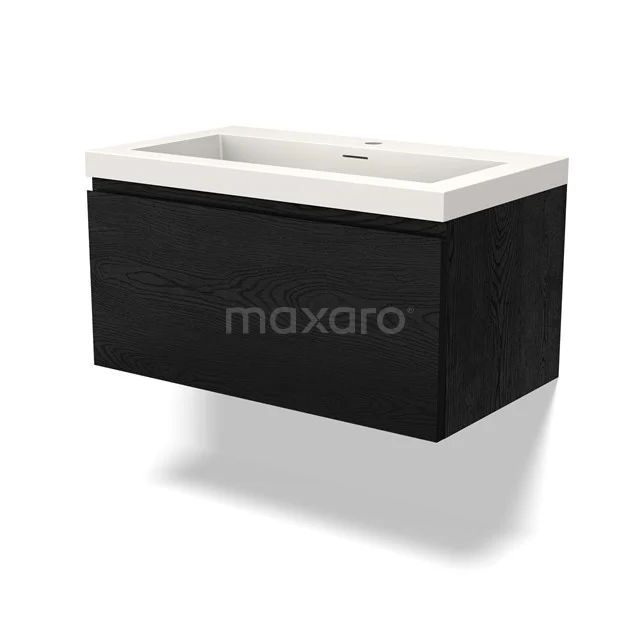 Black oak wall unit with white sink, modern bathroom unit from the luxurious Linea series, sleek and compact design.