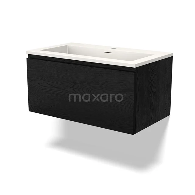 Zwart houten badkamermeubel met witte wastafel, strak design, ideaal voor moderne badkamers.