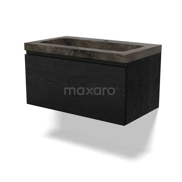 Schwarz Wandmöbel mit Natursteine Waschbecken, rechteckiges Design, ideal als kompakte Badezimmerlösung.