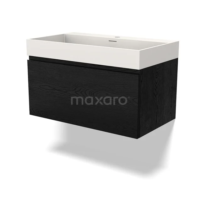 Modulo Waschtische | 80 cm Schwarze Eiche Grifflos front Solid Surface 1 Schublade BMW11-04124 Schwarzes Holz-Badmöbel mit weißem keramischen Waschbecken aus moderner Serie, ideal für eine stilvolle Badezimmer Einrichtung.