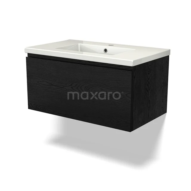 Black wooden bathroom unit with a white ceramic basin, sleek design and suitable for modern bathrooms.