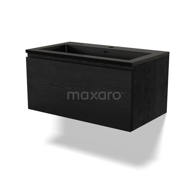 Black hanging bathroom unit in wood look, rectangular shape, modern design, ideal for storage space in the bathroom.