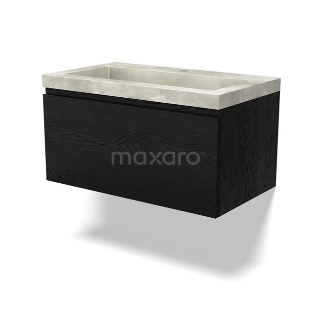 Black wooden bathroom cabinet with integrated rectangular basin made of light natural stone, modern and sleek design.