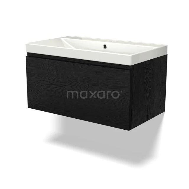 Black bathroom furniture set with white ceramic basin, modern design, wall-mounted. Perfect for a stylish bathroom.