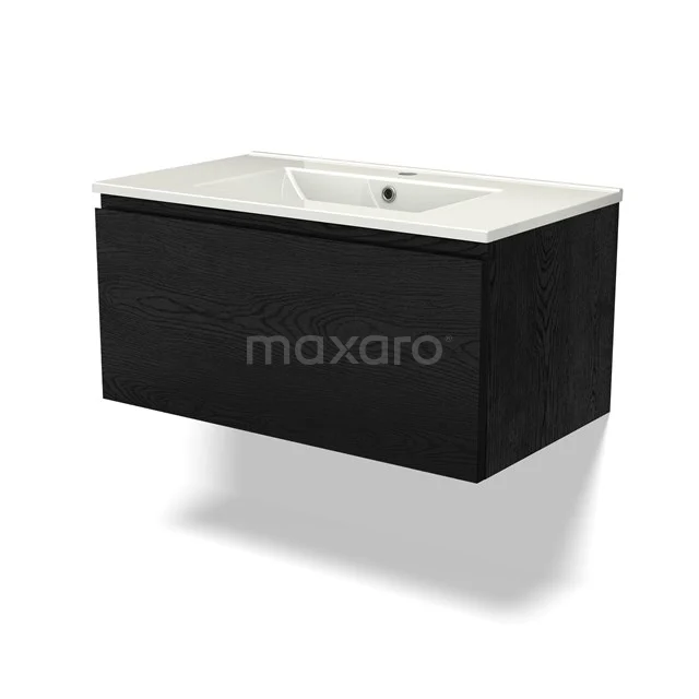 Schwarzer schwebender Waschbeckenunterschrank mit keramischem Waschbecken, modernes Design, ideal als stilvolle Badezimmerlösung.