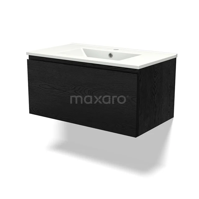 Black hanging bathroom unit with ceramic basin, sleek design and ideal for modern bathrooms.