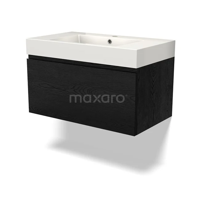 Black wooden base cabinet with integrated white ceramic basin, ideal for modern bathrooms.