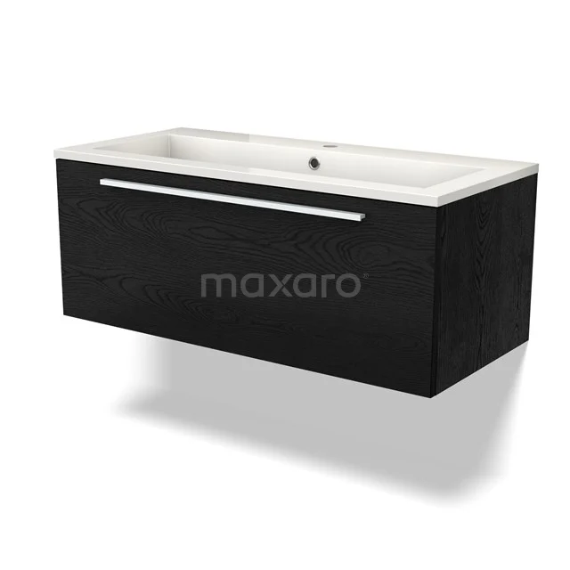 Black suspended bathroom unit with white vanity units with basin, sleek rectangular shape and metal handle, ideal for modern bathrooms.
