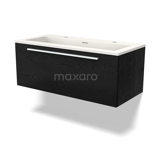 Black floating vanity unit with shiny chrome handle, white ceramic worktop, perfect for modern bathrooms.