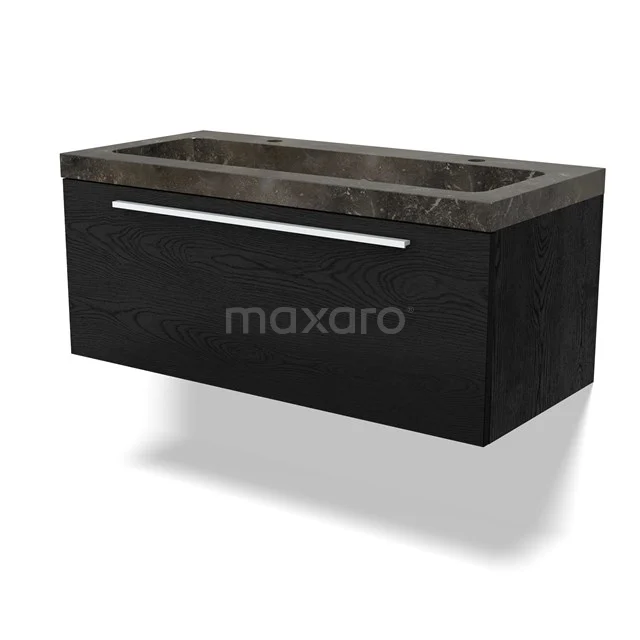 Black hanging bathroom cabinet with integrated basin, marble finish and metal handle for a modern bathroom style.