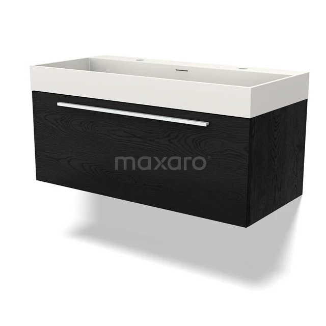 Schwarzes Waschtischmöbel mit weißem keramischen Waschbecken, modernes Design und Schubladengriff; ideal für ein stilvolles Badezimmer.