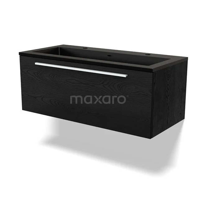 Black wooden bathroom unit with drawers and chrome handle, modern design ideal for stylish bathroom design.