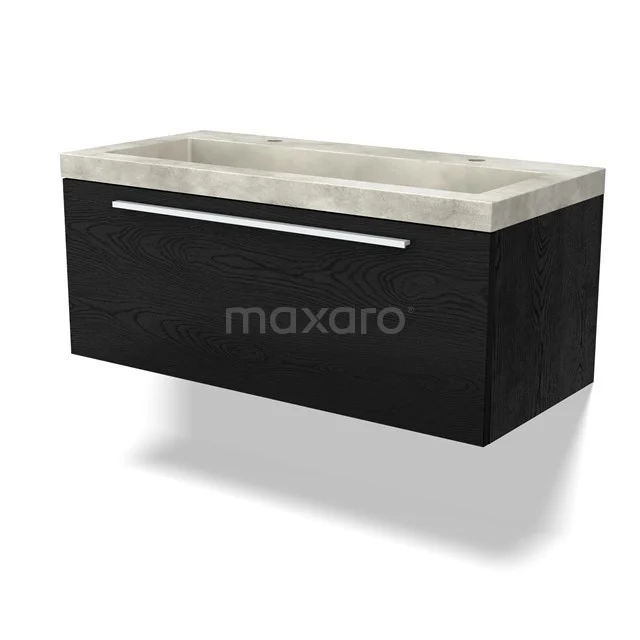 Black bathroom vanity unit with concrete sink, modern design and integrated chrome handle.