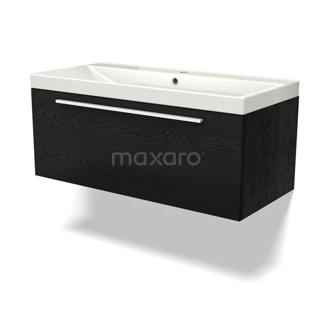 Black hanging bathroom unit with glossy drawer and white ceramic vanity units with basin, modern design for any bathroom.