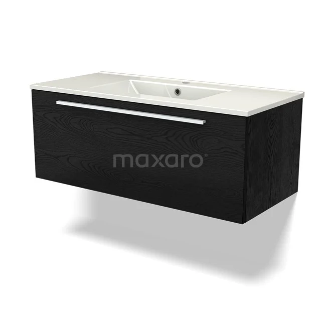 Wall unit with high-gloss black finish, integrated basin and metal handle, ideal for modern bathrooms.