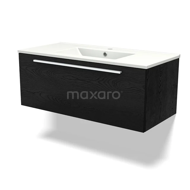 Black vanity units with basin, integrated white ceramic drawers, modern design and sleek wall model.