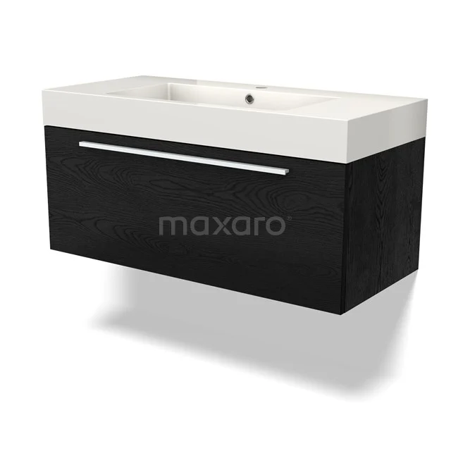 Black wooden bathroom unit with white ceramic basin, sleek design and integrated storage drawer.