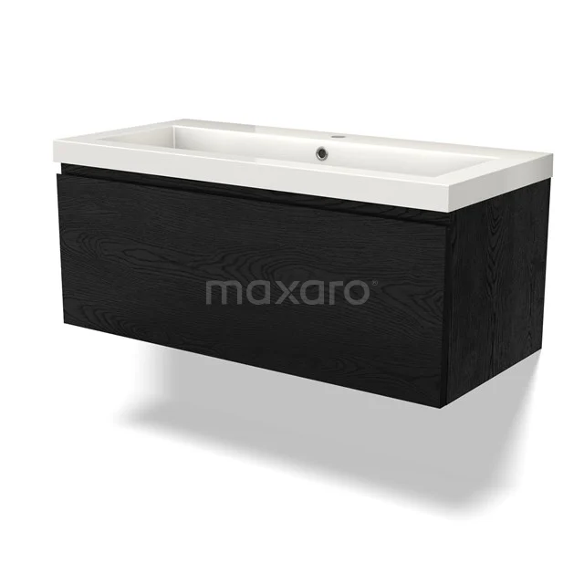 Schwarz Badmöbel mit modernem Design und weißem keramischen Waschbecken, ideal für ein stilvolles und praktisches Badezimmer.