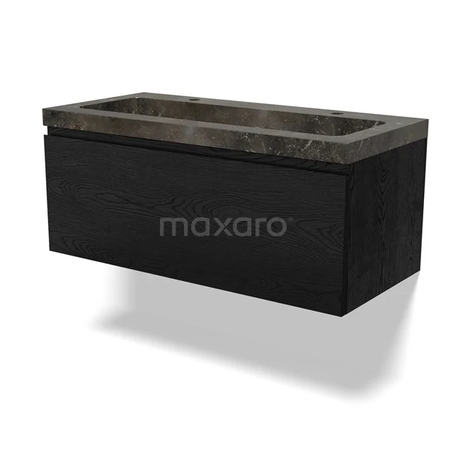 Black wooden bathroom unit with rectangular grey stone vanity units with basin from the modern luxury series.