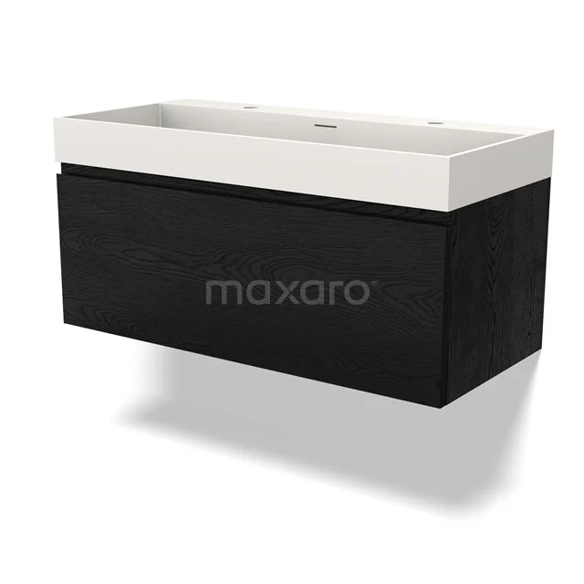 Black wooden bathroom unit with white basin, modern design, ideal for stylish bathroom design.