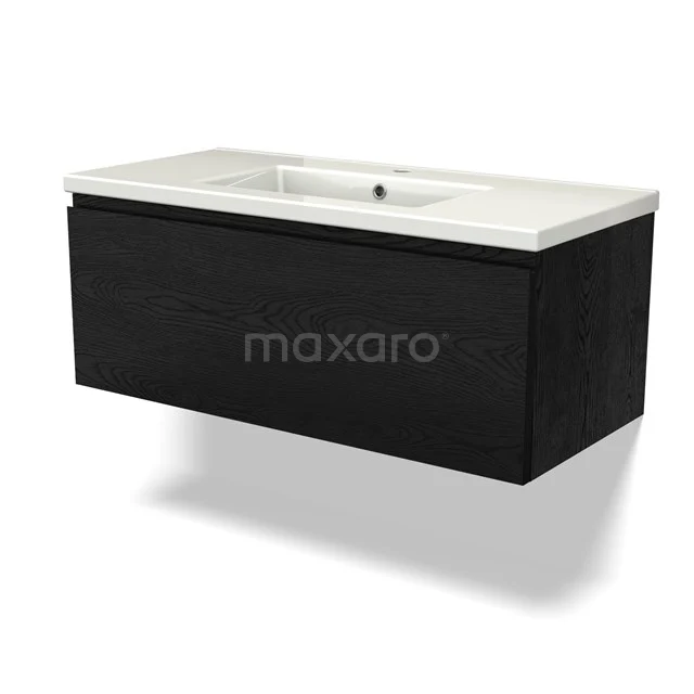 Schwarz Badmöbel schwebend, Holzlook-Oberfläche, mit weißem keramischen Waschbecken; moderne Designlösung für jedes Badezimmer.