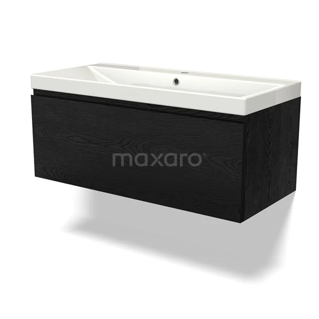 Schwarzes Badmöbel mit weißem keramischen Waschbecken, rechteckiges Design, modern und klar, ideal für stilvolle Bäder.