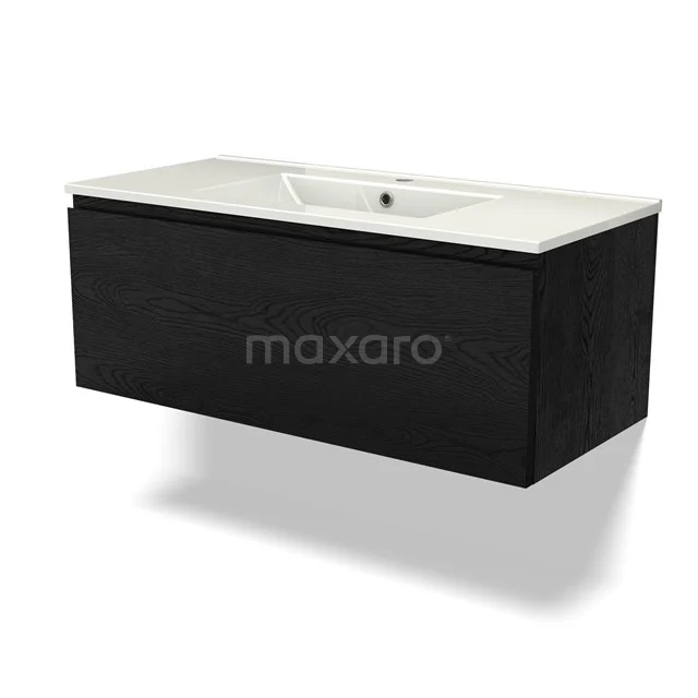 Black hanging bathroom cabinet with ceramic basin, rectangular design, ideal for modern bathrooms.