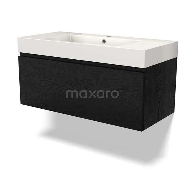 Schwarzes Holz-Waschtisch mit weißem Keramik-Waschbecken, modernes Design für stilvolles Badezimmerinterieur.