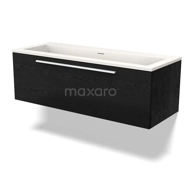 Black floating bathroom unit with white ceramic vanity units with basin, sleek design and wide metal handle.