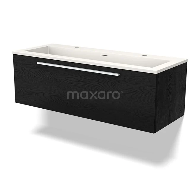 Black rectangular bathroom unit with wide drawers and white ceramic basin, perfect for modern bathrooms.