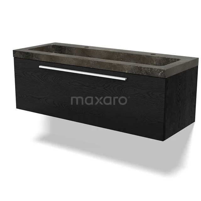 Black vanity unit with drawers, modern design, matte wood finish and natural stone sink, ideal for any bathroom style.